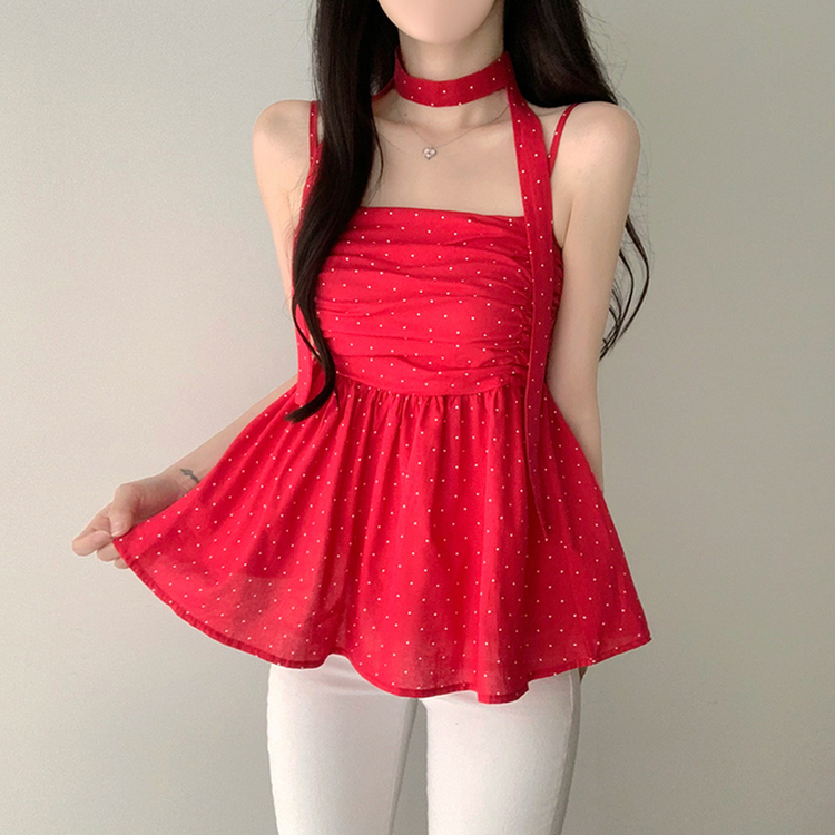 【マフラー付き】ドットキャミソールブラウス RED