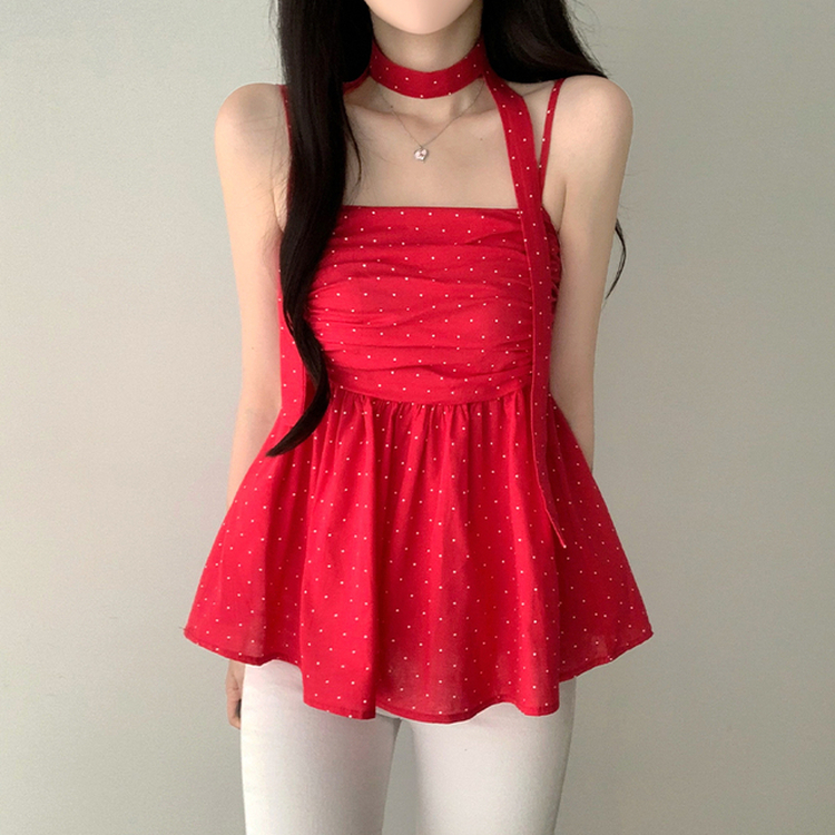 【マフラー付き】ドットキャミソールブラウス RED