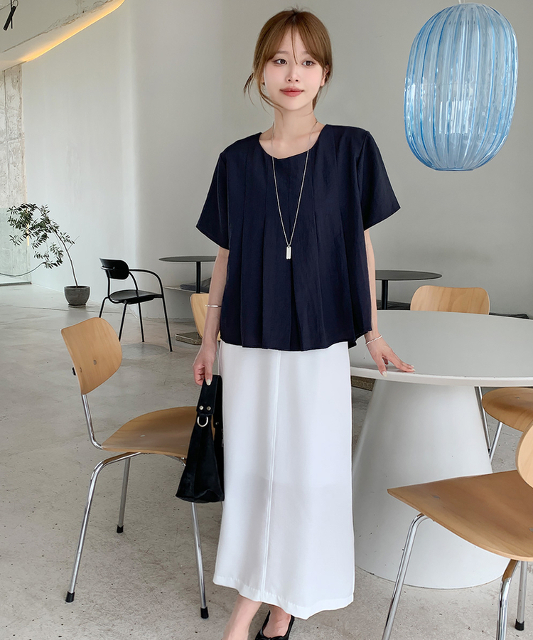 プリーツ半袖ブラウス NAVY