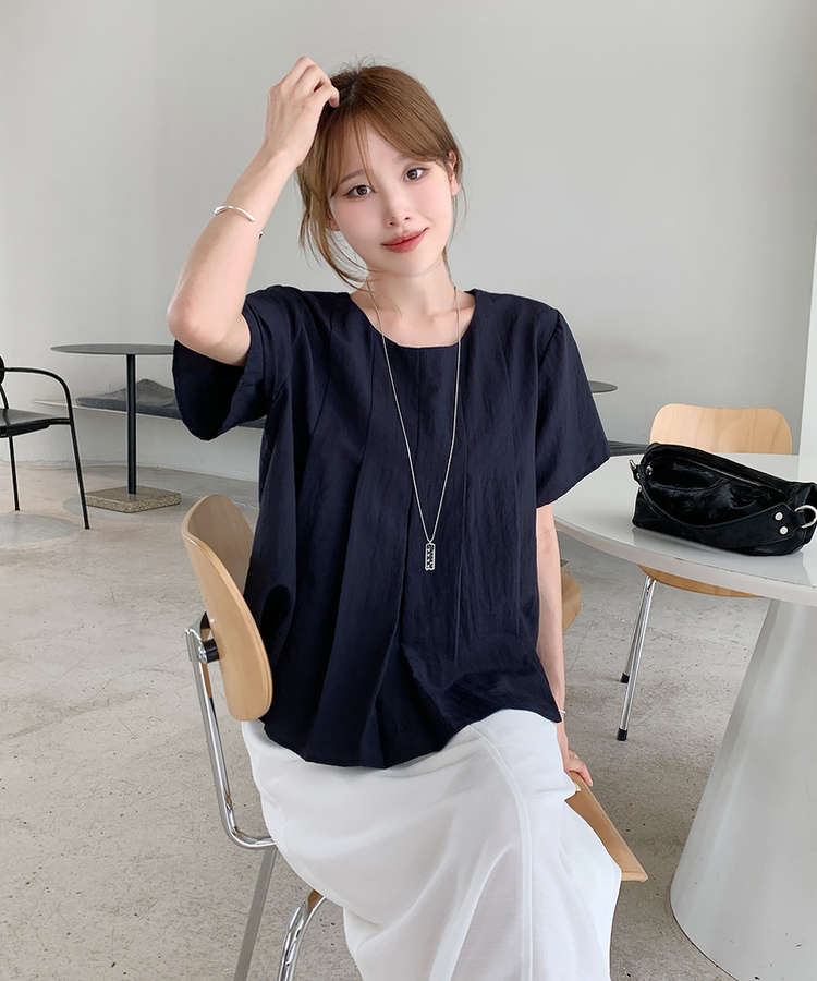プリーツ半袖ブラウス NAVY
