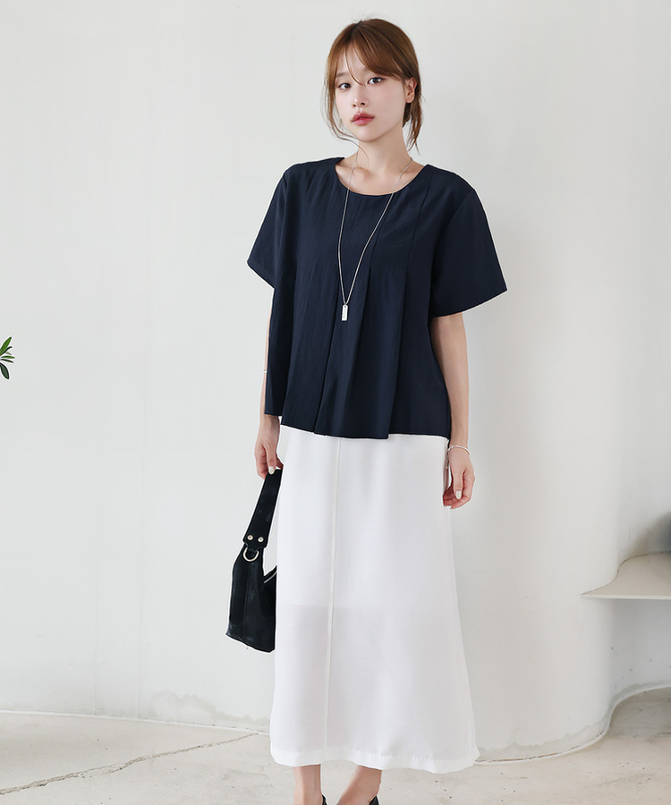 プリーツ半袖ブラウス NAVY
