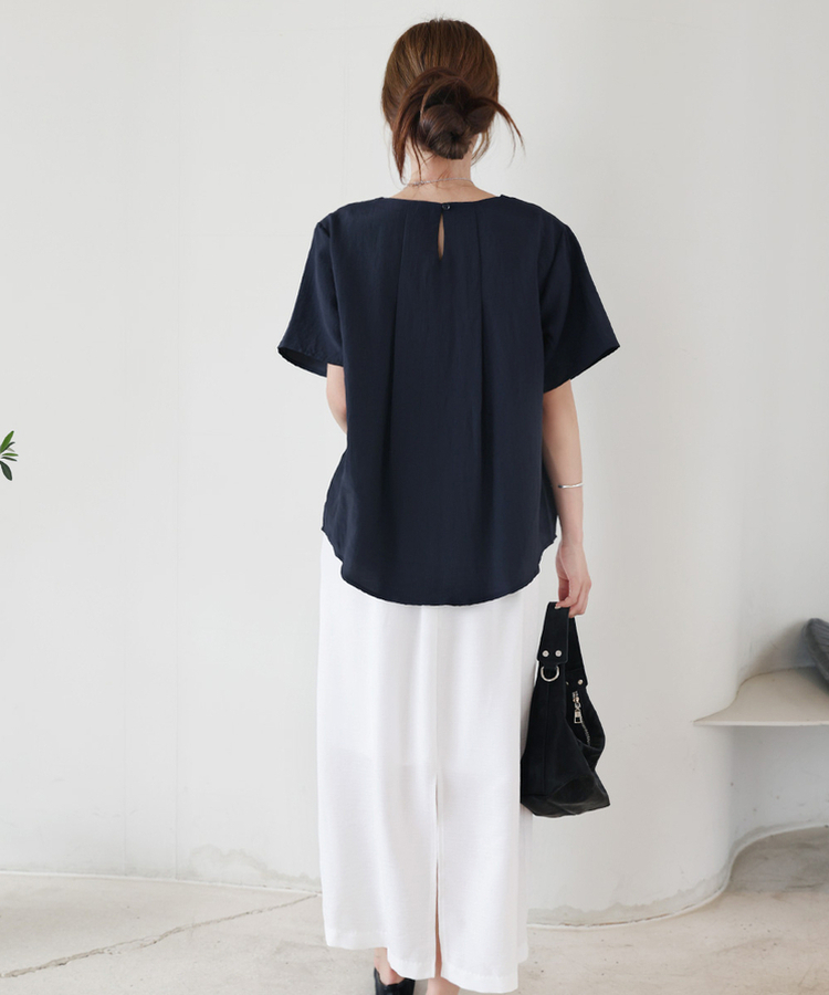 プリーツ半袖ブラウス NAVY