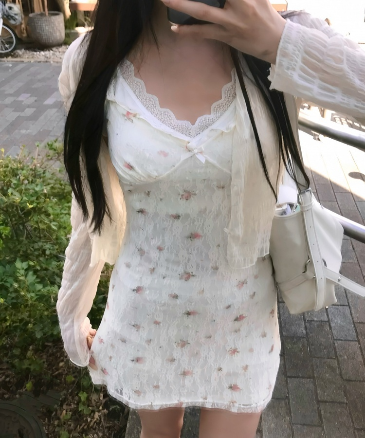 잔꽃 레이스 나시 미니 원피스 크림