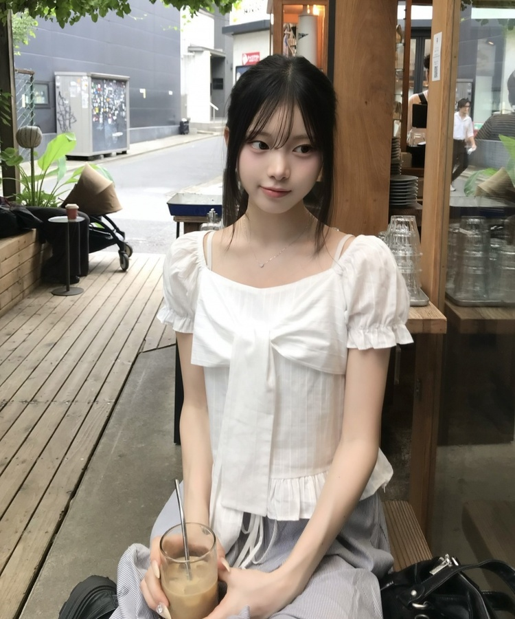 프론트 리본 퍼프 블라우스 화이트