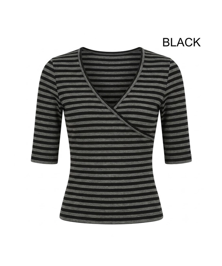 クロスネックボーダースリムTシャツ