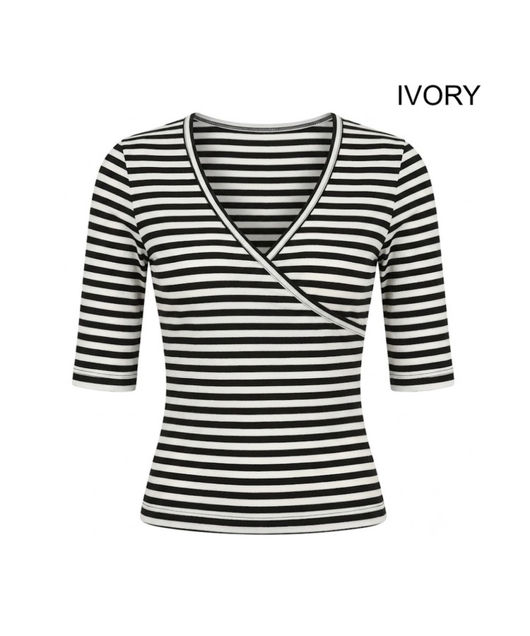 クロスネックボーダースリムTシャツ