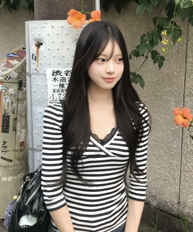크로스넥 스트라이프 슬림 티셔츠 아이보리