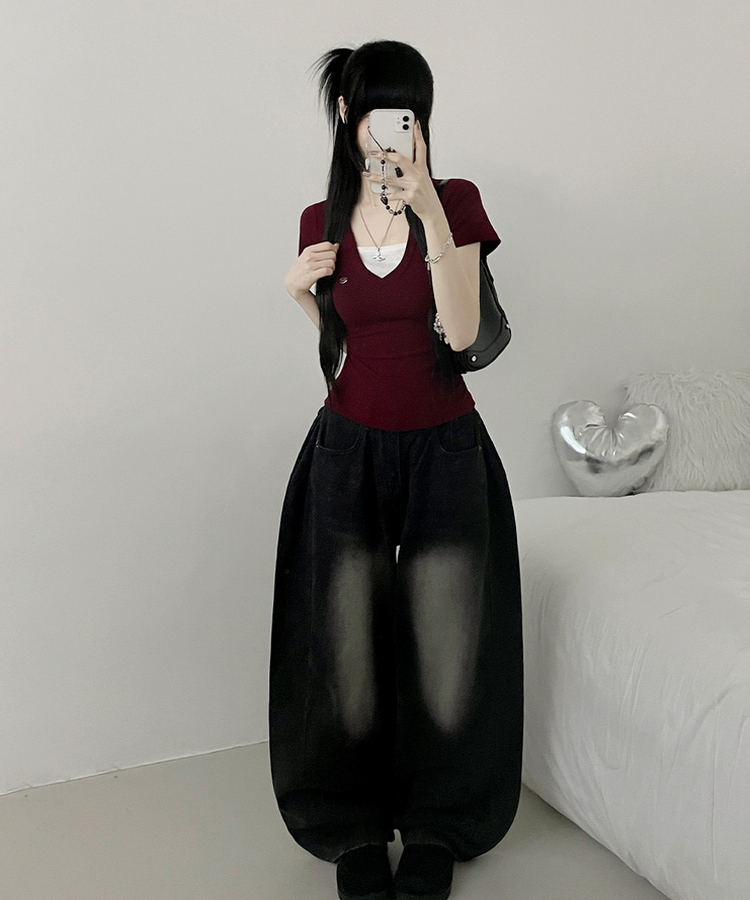 브이넥와펜배색레이어드슬림말라핏반팔티셔츠 레드