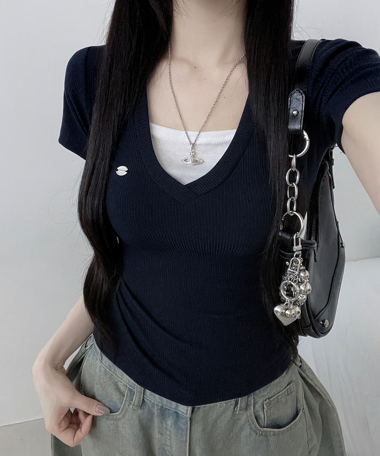 브이넥와펜배색레이어드슬림말라핏반팔티셔츠 네이비