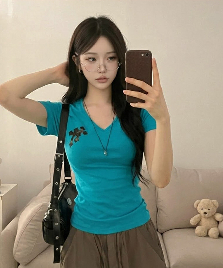 호러 카모 십자가 패치 브이넥 옆셔링 반팔 티셔츠 아쿠아