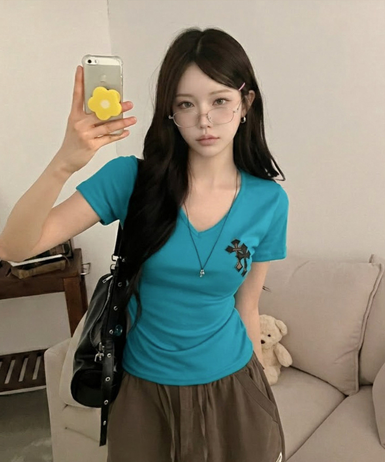 호러 카모 십자가 패치 브이넥 옆셔링 반팔 티셔츠 아쿠아