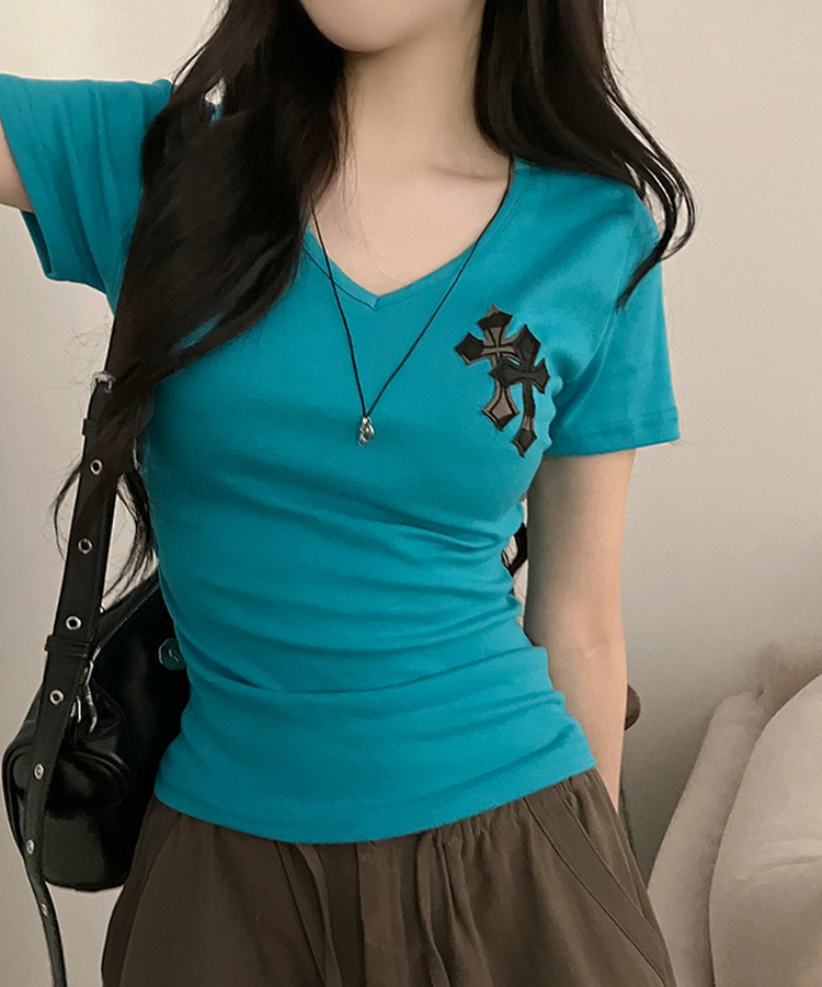 호러 카모 십자가 패치 브이넥 옆셔링 반팔 티셔츠 아쿠아