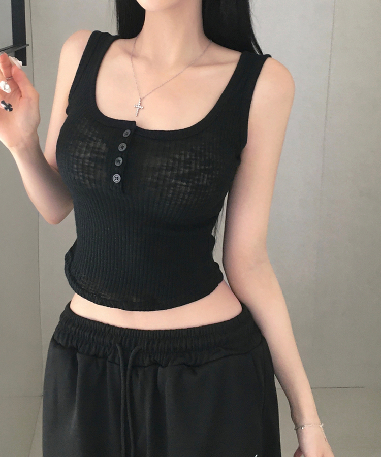 케슈 골지 단추 나시 모달 밑단 굴림 민소매 슬리브리스 쫀쫀 말라핏 여리여리 데일리룩 캐주얼 레이어드 이너템 여름신상여름나시 블랙