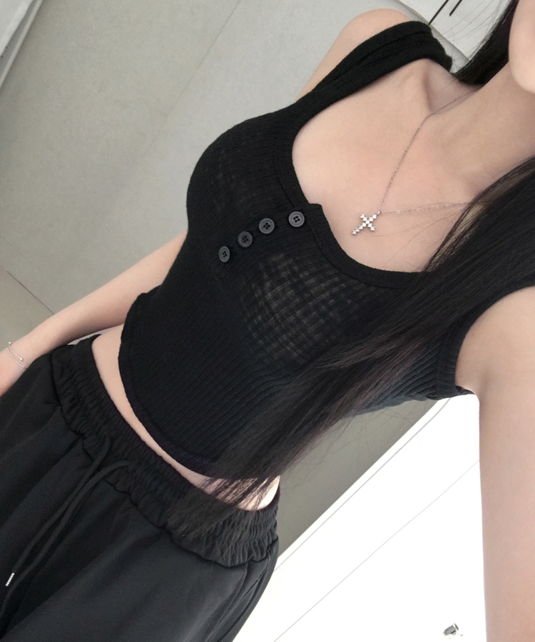 케슈 골지 단추 나시 모달 밑단 굴림 민소매 슬리브리스 쫀쫀 말라핏 여리여리 데일리룩 캐주얼 레이어드 이너템 여름신상여름나시 블랙