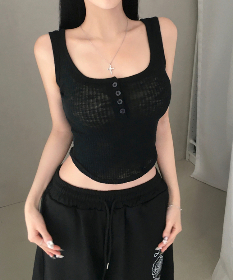 케슈 골지 단추 나시 모달 밑단 굴림 민소매 슬리브리스 쫀쫀 말라핏 여리여리 데일리룩 캐주얼 레이어드 이너템 여름신상여름나시 블랙