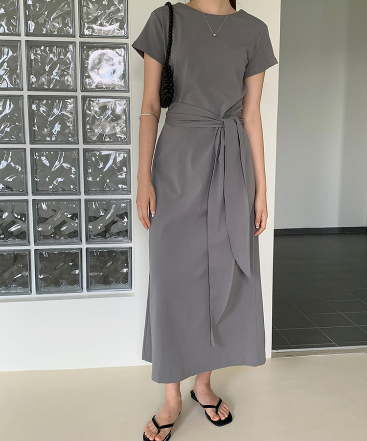 リボン半袖ロングワンピース GREY