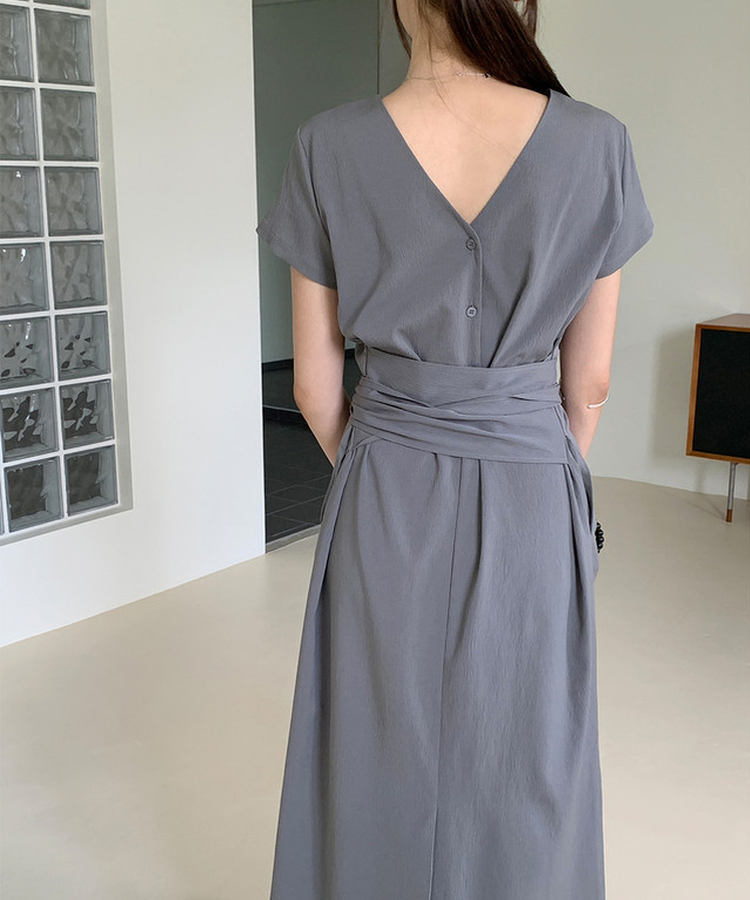 リボン半袖ロングワンピース GREY