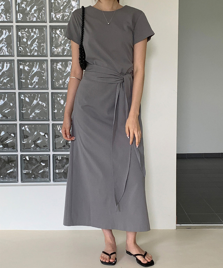 リボン半袖ロングワンピース GREY