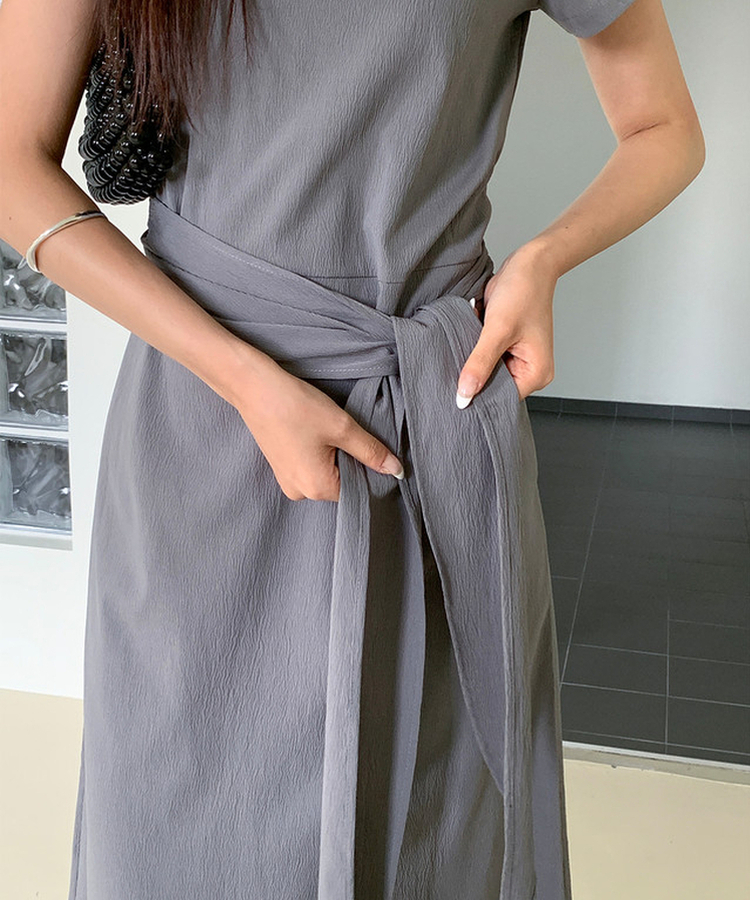 リボン半袖ロングワンピース GREY