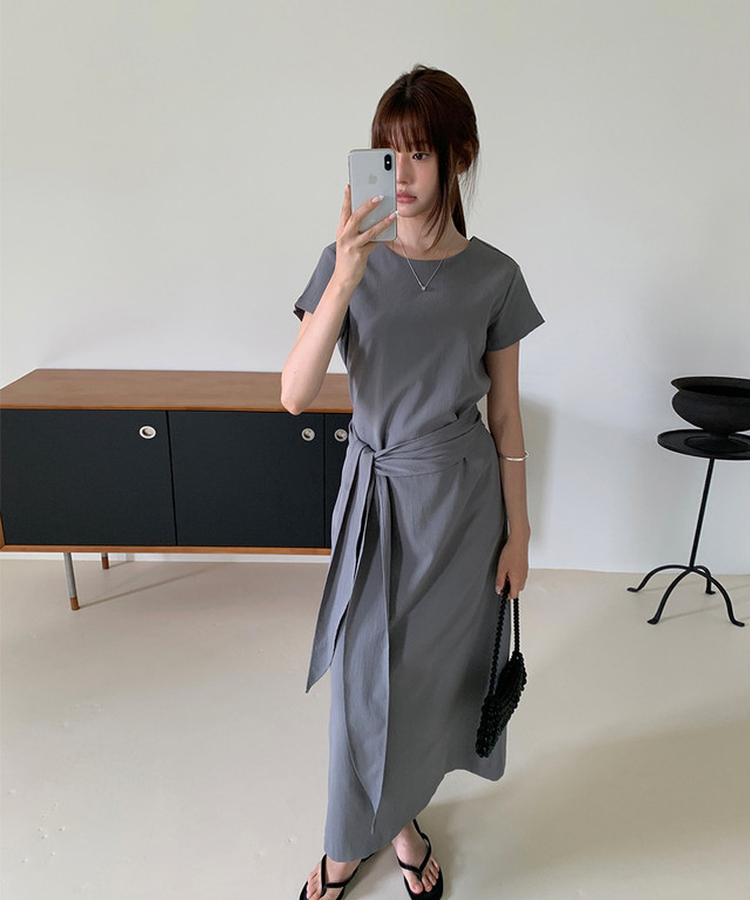 リボン半袖ロングワンピース GREY