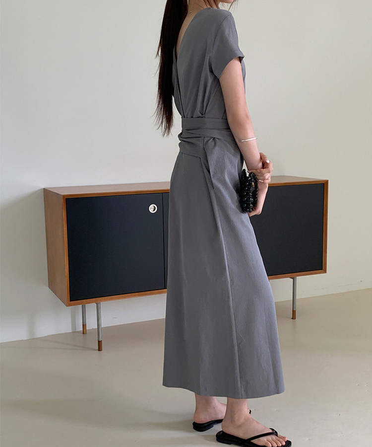 リボン半袖ロングワンピース GREY