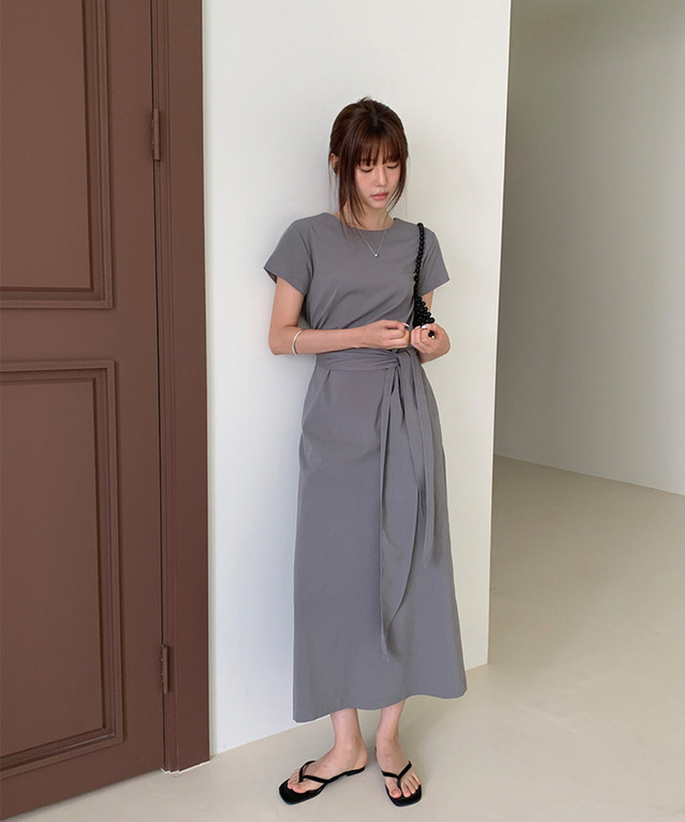 リボン半袖ロングワンピース GREY