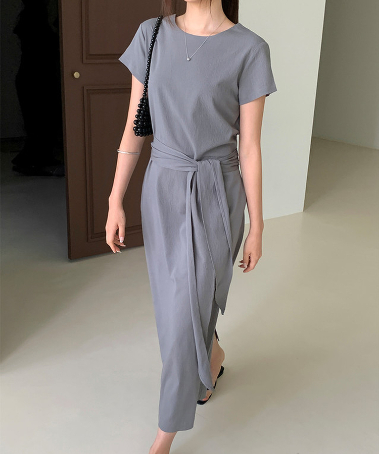 リボン半袖ロングワンピース GREY