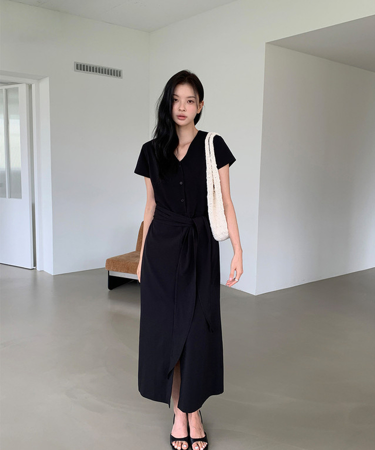 リボン半袖ロングワンピース BLACK