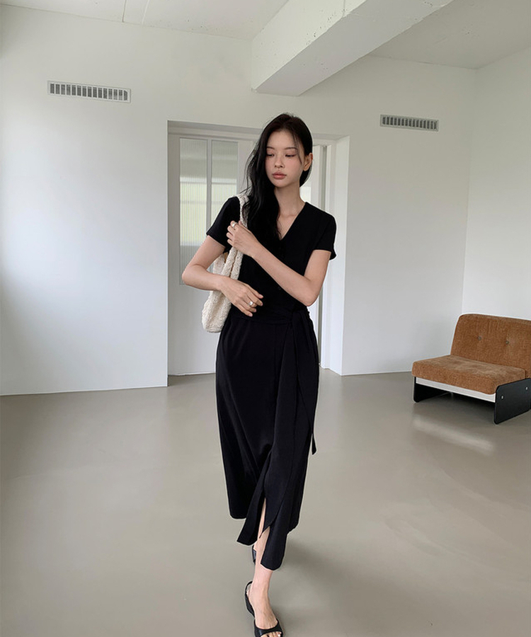 リボン半袖ロングワンピース BLACK