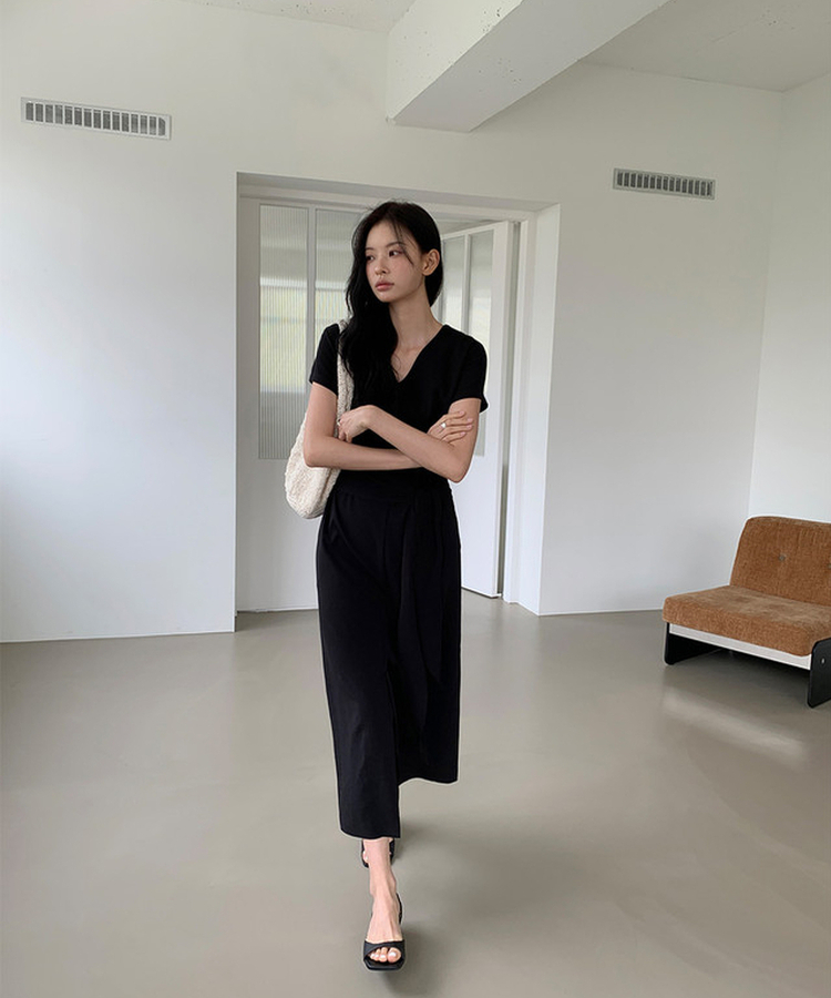 リボン半袖ロングワンピース BLACK