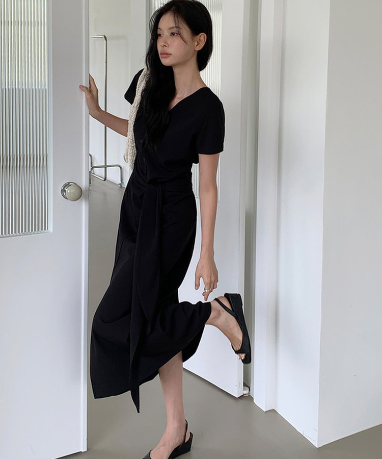 リボン半袖ロングワンピース BLACK