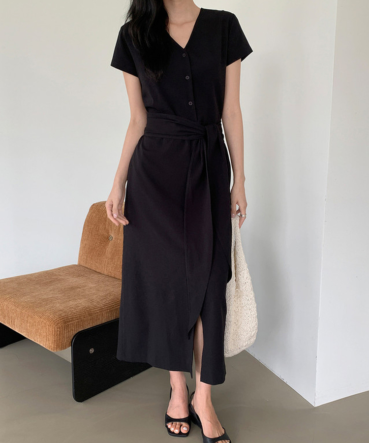 リボン半袖ロングワンピース BLACK