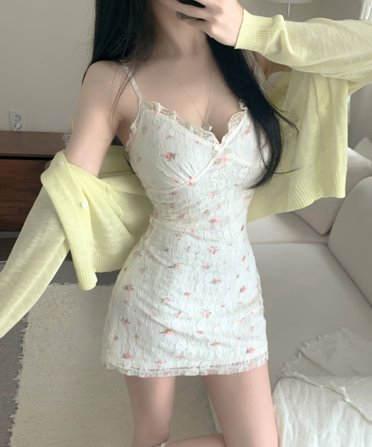 안감내장 레몬로즈 레이스 끈조절 버클 나시 미니 원피스 아이보리