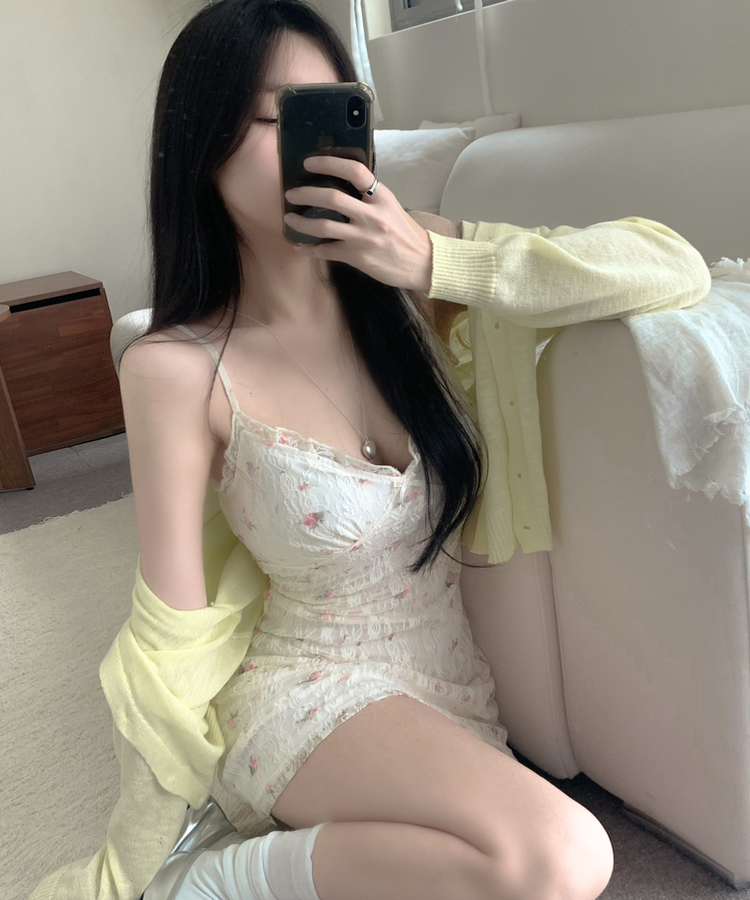 안감내장 레몬로즈 레이스 끈조절 버클 나시 미니 원피스 아이보리