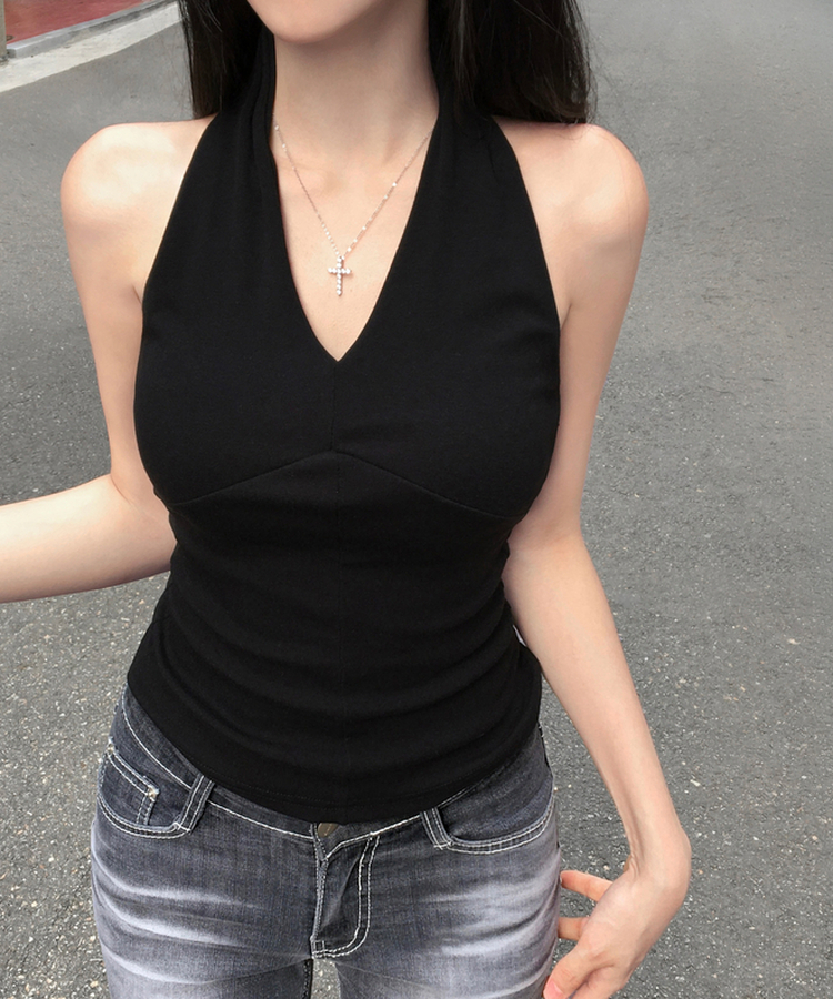 체브 스판 홀터넥 나시 민소매 슬리브리스 모달 레이어드 슬림핏 여리여리 데이트룩 사계절이너 여름신상여름나시 블랙