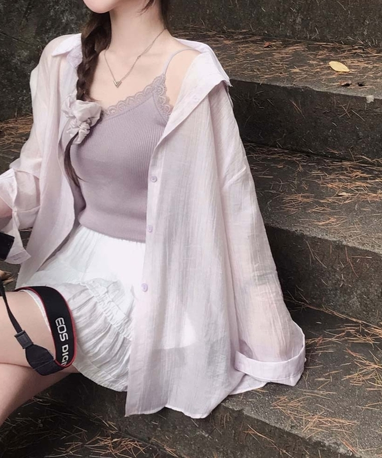 코디걱정 끝시트러스 셔츠 나시 머리끈 리오셀 스크런치 시스루 썸머 루즈핏 셔츠 쓰리피스 세트 연보라