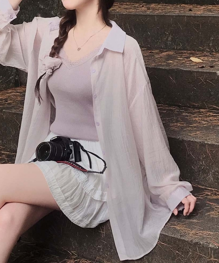 코디걱정 끝시트러스 셔츠 나시 머리끈 리오셀 스크런치 시스루 썸머 루즈핏 셔츠 쓰리피스 세트 연보라