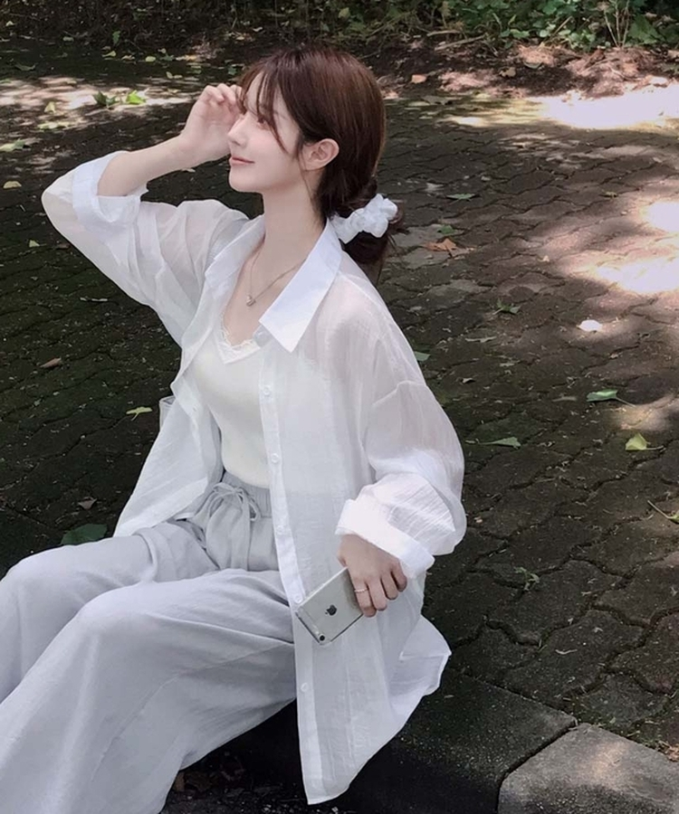 코디걱정 끝시트러스 셔츠 나시 머리끈 리오셀 스크런치 시스루 썸머 루즈핏 셔츠 쓰리피스 세트 아이보리