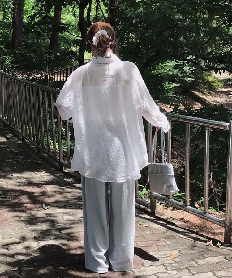 코디걱정 끝시트러스 셔츠 나시 머리끈 리오셀 스크런치 시스루 썸머 루즈핏 셔츠 쓰리피스 세트 아이보리