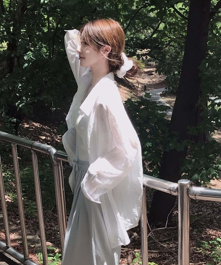 코디걱정 끝시트러스 셔츠 나시 머리끈 리오셀 스크런치 시스루 썸머 루즈핏 셔츠 쓰리피스 세트 아이보리