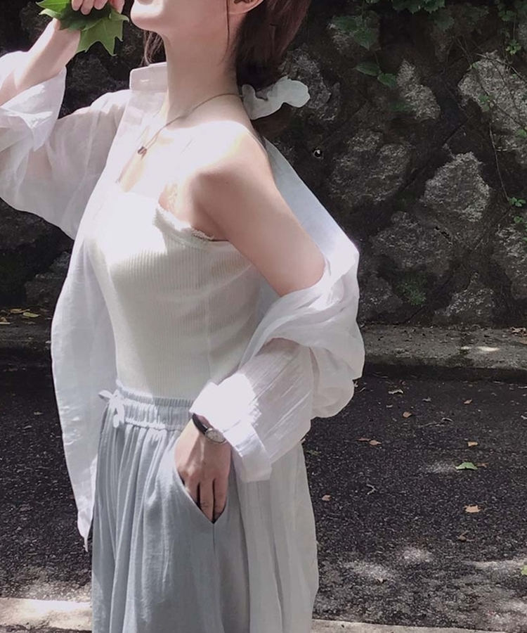 코디걱정 끝시트러스 셔츠 나시 머리끈 리오셀 스크런치 시스루 썸머 루즈핏 셔츠 쓰리피스 세트 아이보리