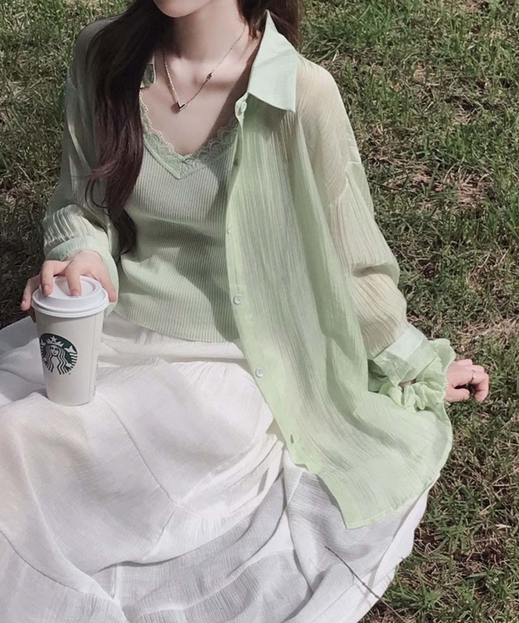 코디걱정 끝시트러스 셔츠 나시 머리끈 리오셀 스크런치 시스루 썸머 루즈핏 셔츠 쓰리피스 세트 연두