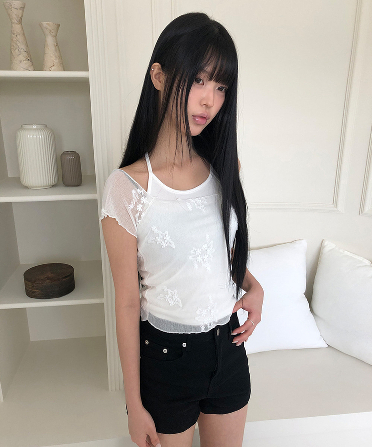 SET】ホルターネックキャミソール シースルー半袖Tシャツ｜半袖Tシャツ