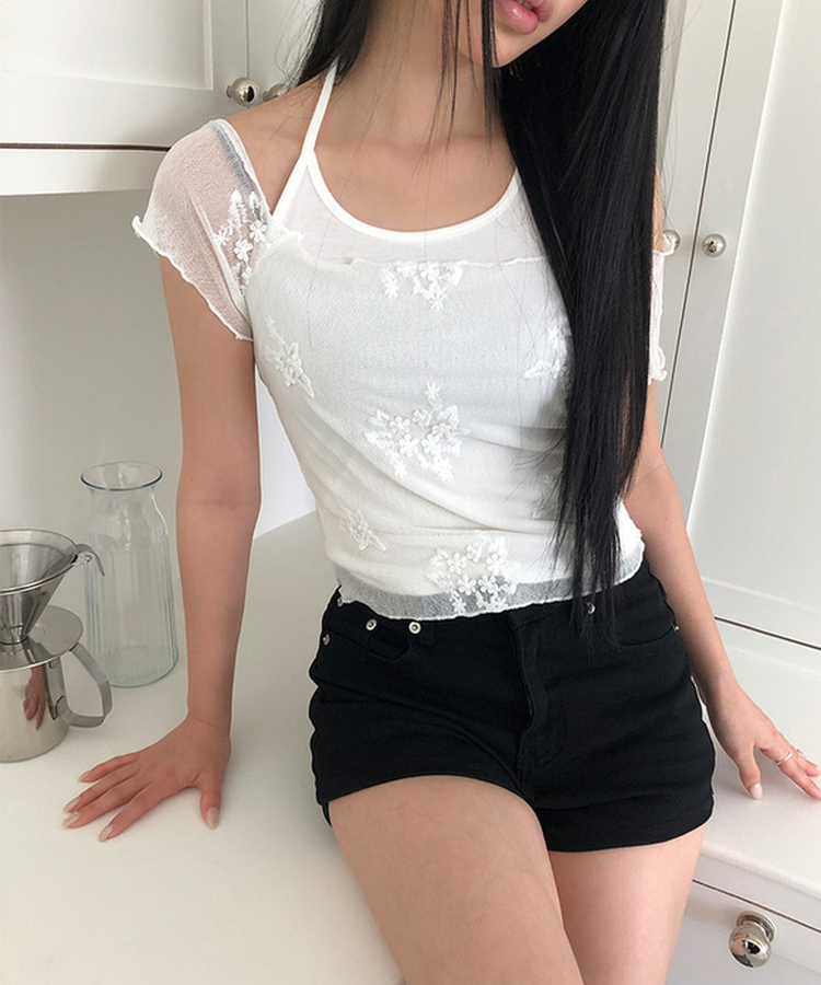 SET】ホルターネックキャミソール シースルー半袖Tシャツ｜半袖Tシャツ
