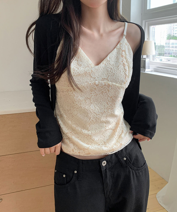 フラワーレース刺繍シアーキャミソール｜ノースリーブ｜韓国 