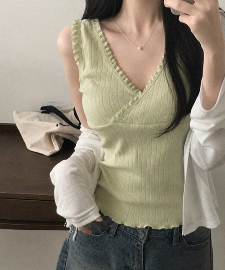그린티 레이스 펀칭 랩 브이넥 나시 슬리브리스 3color 민트