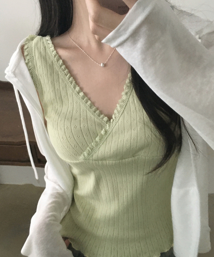 그린티 레이스 펀칭 랩 브이넥 나시 슬리브리스 3color 민트
