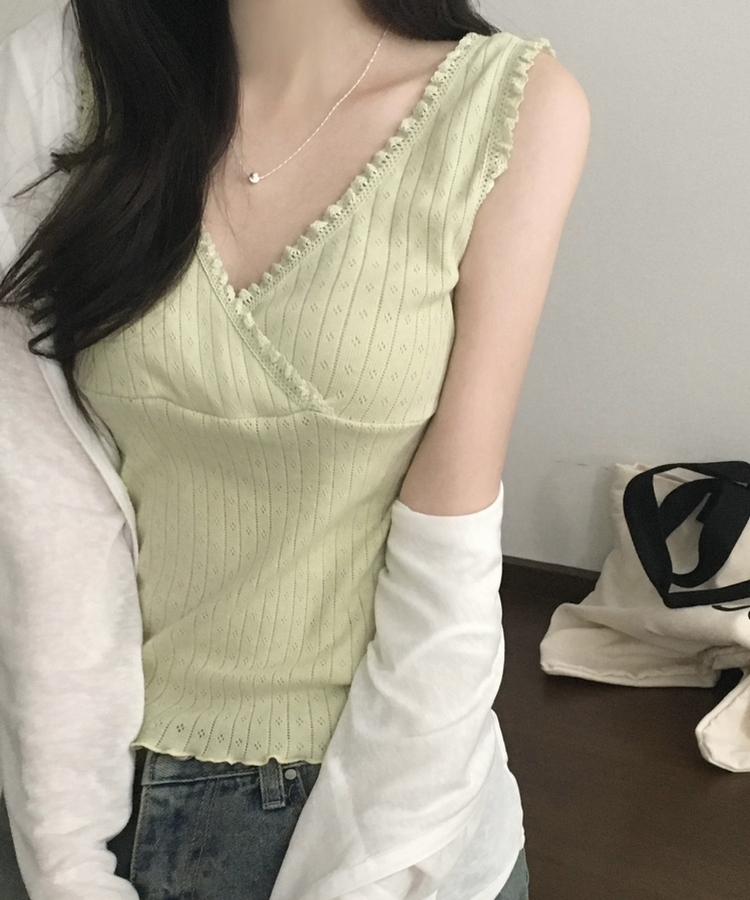 그린티 레이스 펀칭 랩 브이넥 나시 슬리브리스 3color 민트