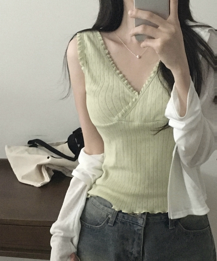 그린티 레이스 펀칭 랩 브이넥 나시 슬리브리스 3color 민트