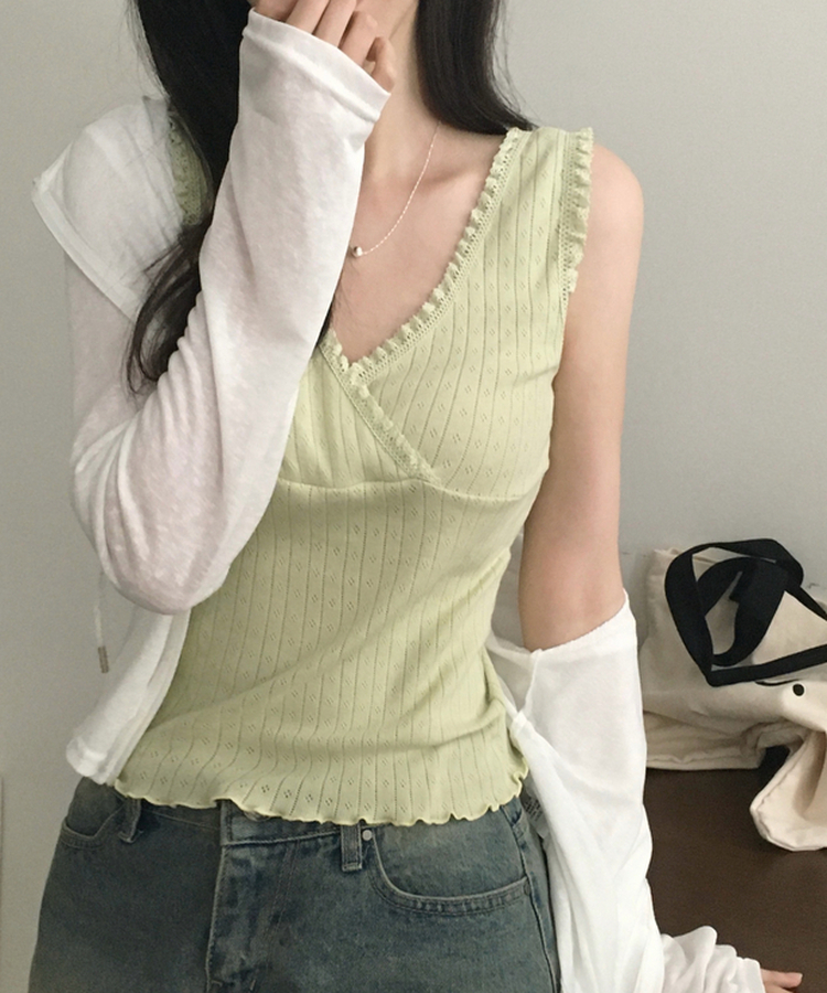 그린티 레이스 펀칭 랩 브이넥 나시 슬리브리스 3color 민트
